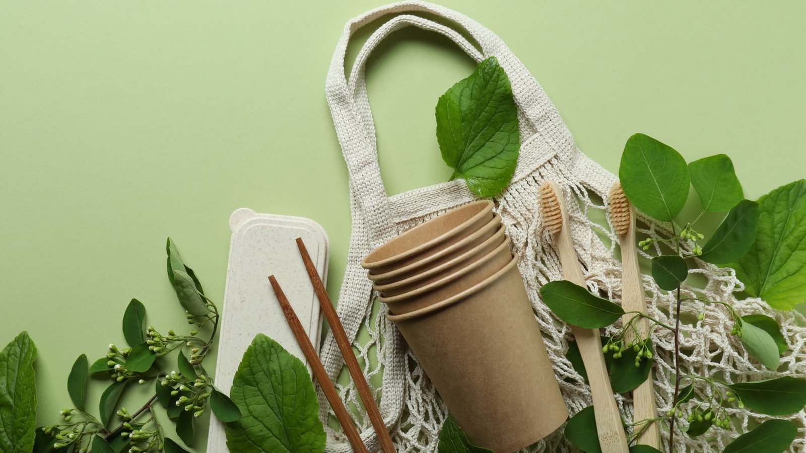 Eco-friendly products including biodegradable cups, bamboo toothbrushes, and a reusable bag on a green background.