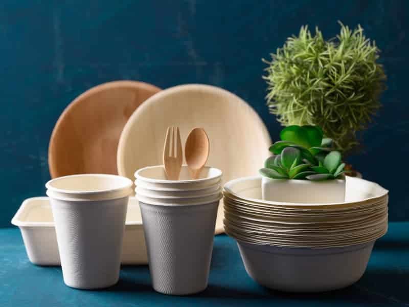 Biodegradable cups, plates, and utensils made from sustainable materials.