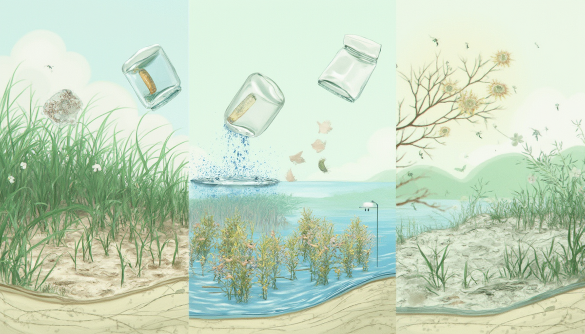 Artistic depiction of biodegradable packaging in different environmental settings affecting its degradation