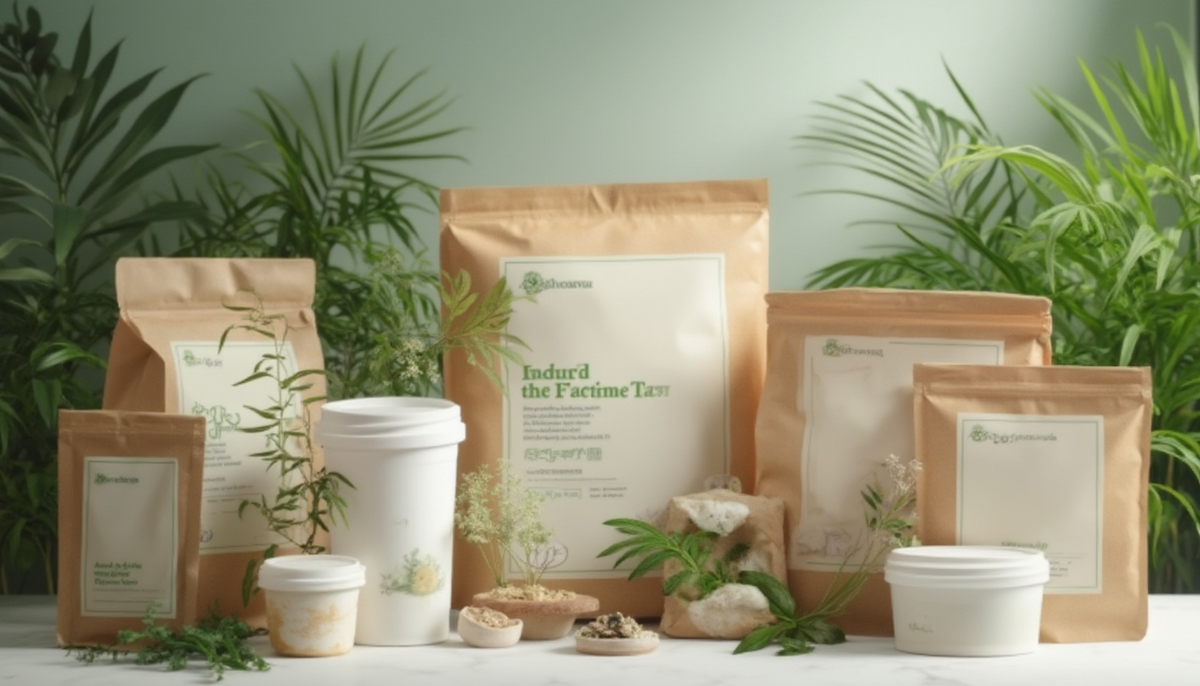 Assortment of biodegradable packaging options surrounded by natural elements