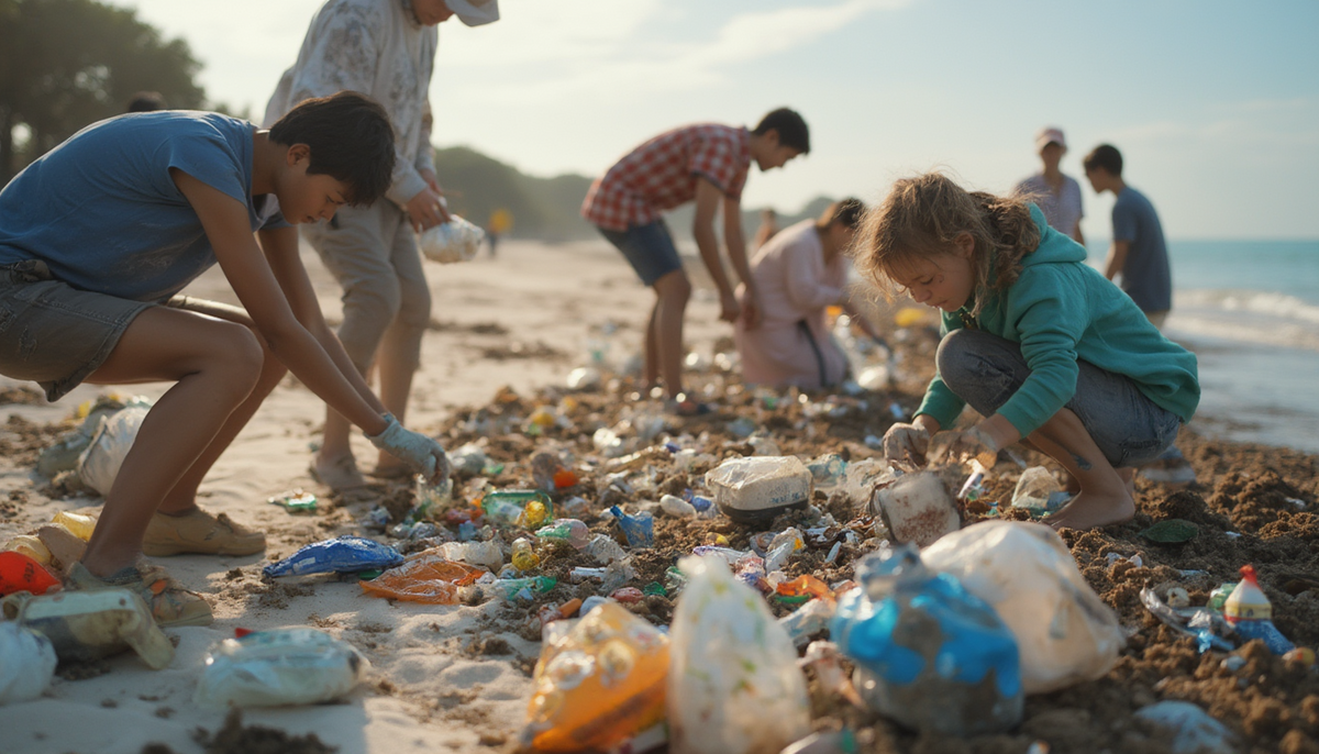 Community volunteers cleaning up a beach