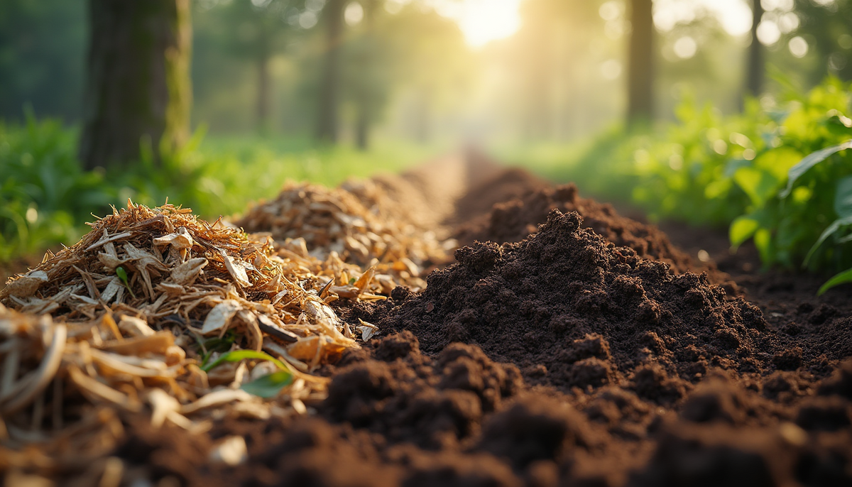 Close-up view of compostable material transforming into nutrient-rich soil in an eco-friendly environment