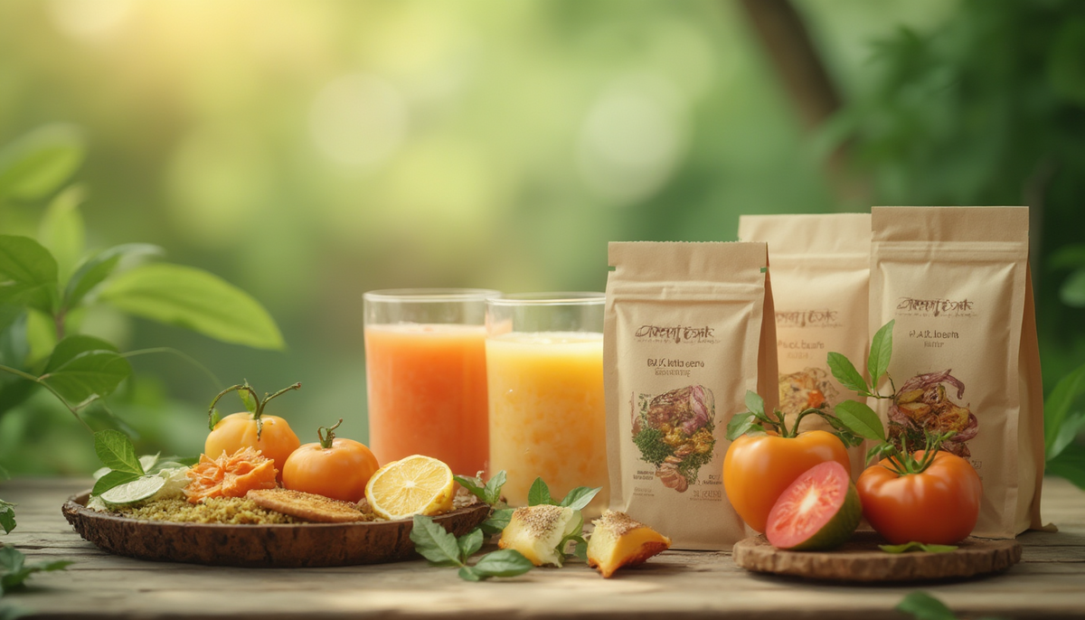 Nanocellulose packaging with organic fruits and vegetables in a natural setting