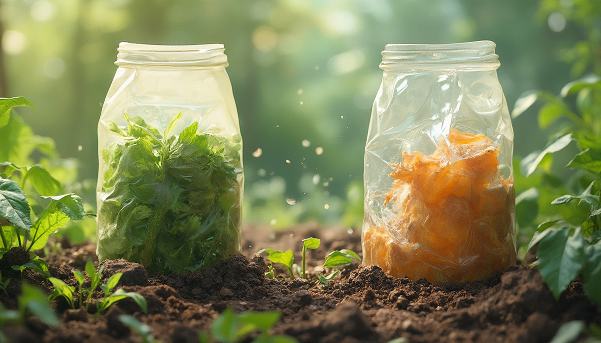 Comparison of biodegradable versus plastic packaging in soil, illustrating faster decomposition of biodegradable materials