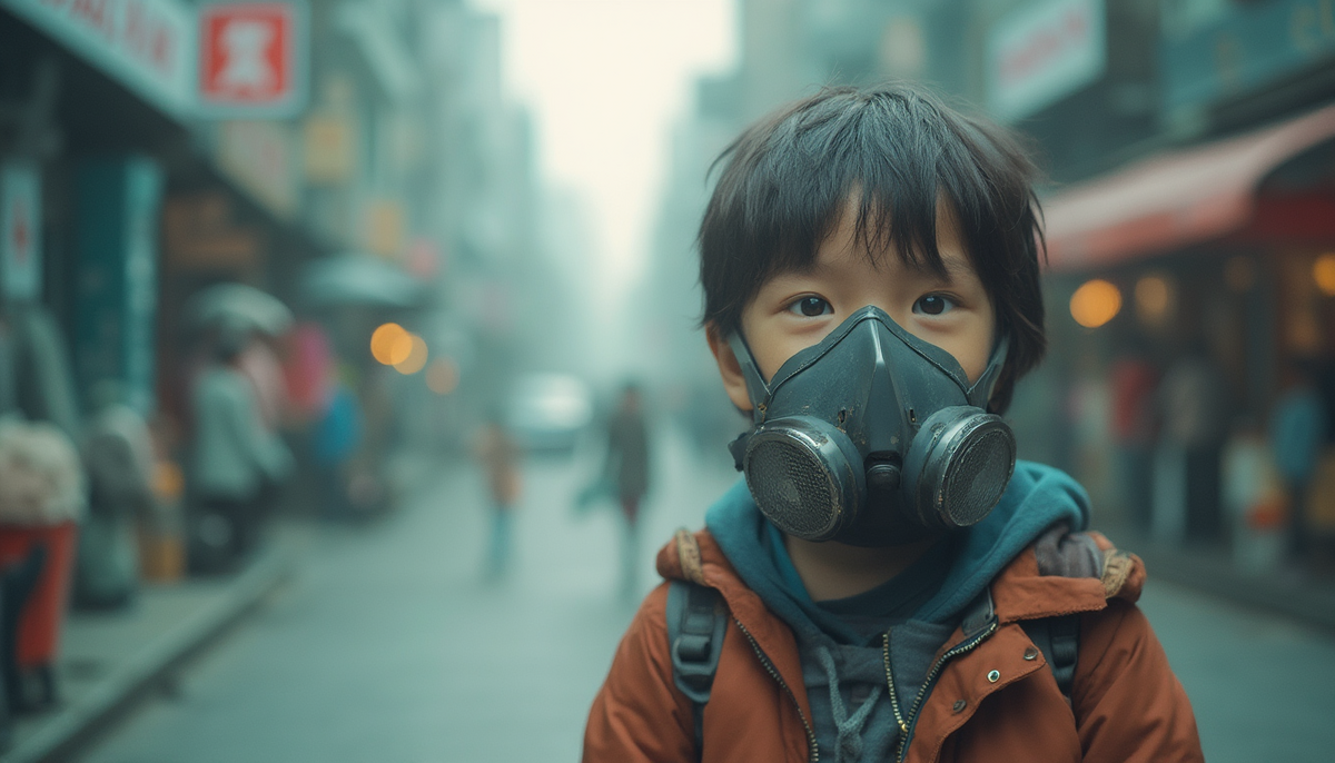 Young child wearing a pollution mask in smoggy conditions