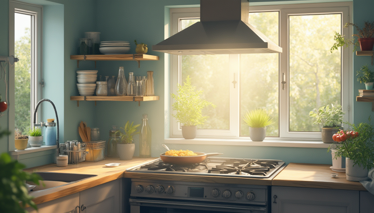 Modern kitchen with effective ventilation and sunlight showing improved indoor air quality