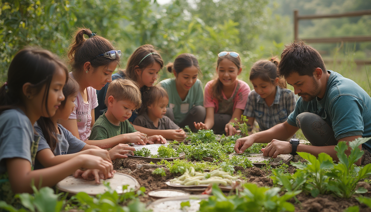 Diverse group of people, adults and children, learning about sustainable farming