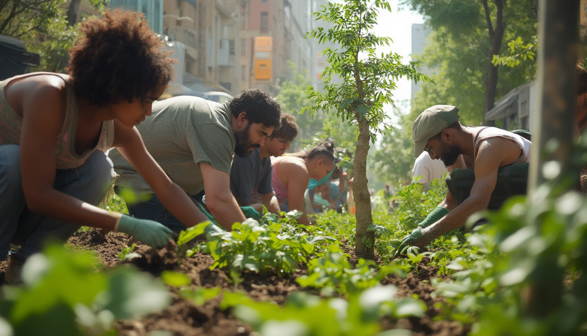 Community planting trees in urban area