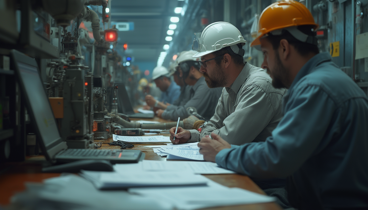 Industry professionals monitoring air quality compliance in a factory setting