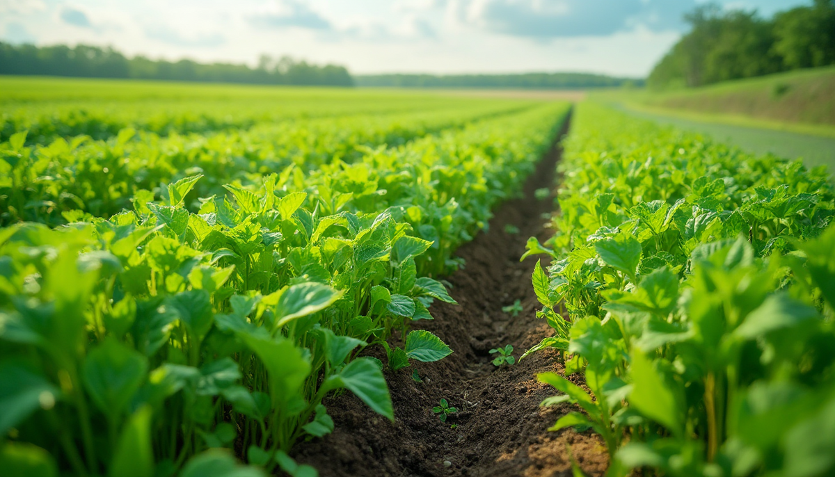 Lush cover crops growing in neat rows to prevent soil erosion