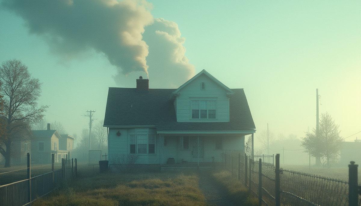 House emitting smoke against a clear sky, highlighting environmental impact