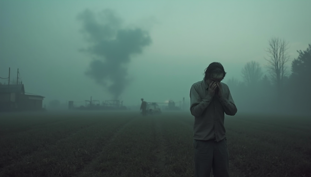 Farmer covering face to protect against air pollution on a foggy farm