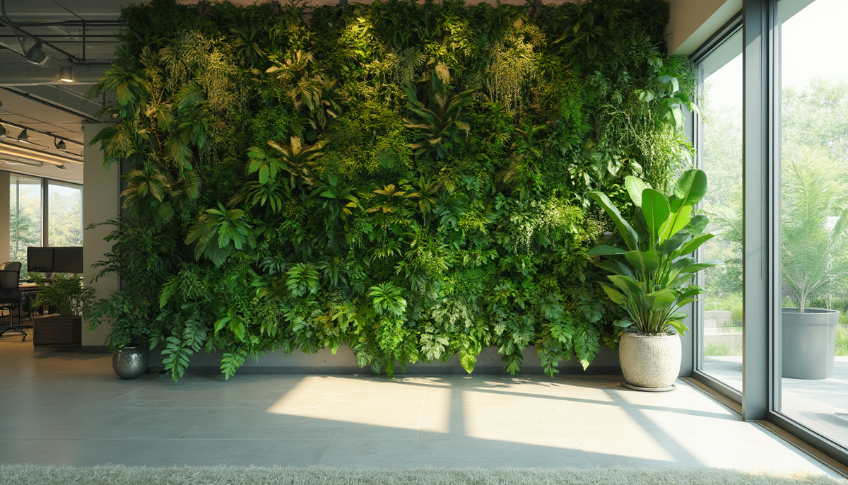 A green living wall in a modern office setting