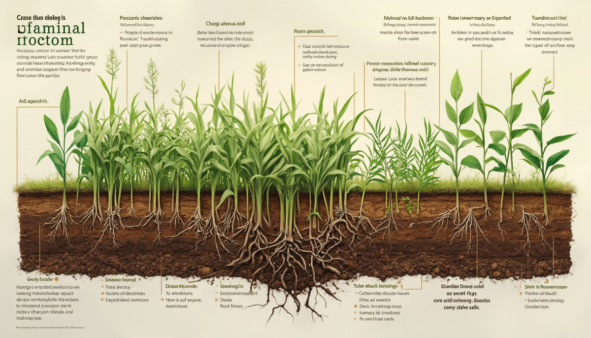 Illustrative diagram of no-till farming showing various crop roots and soil layers