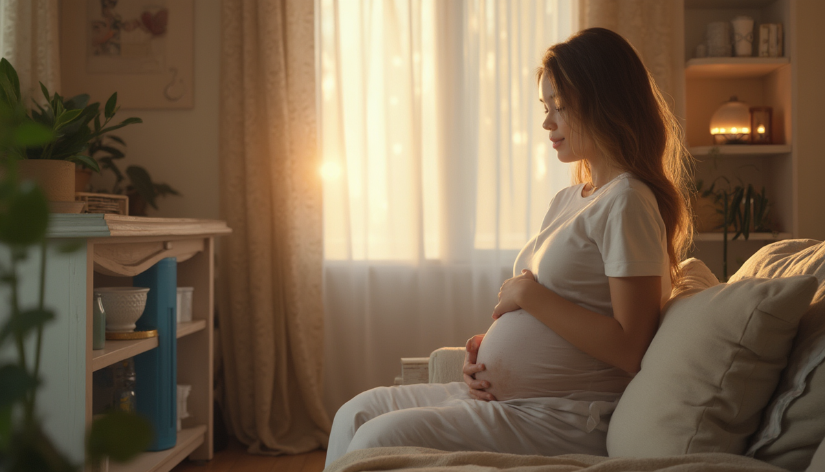 pregnant woman at home with air purifier