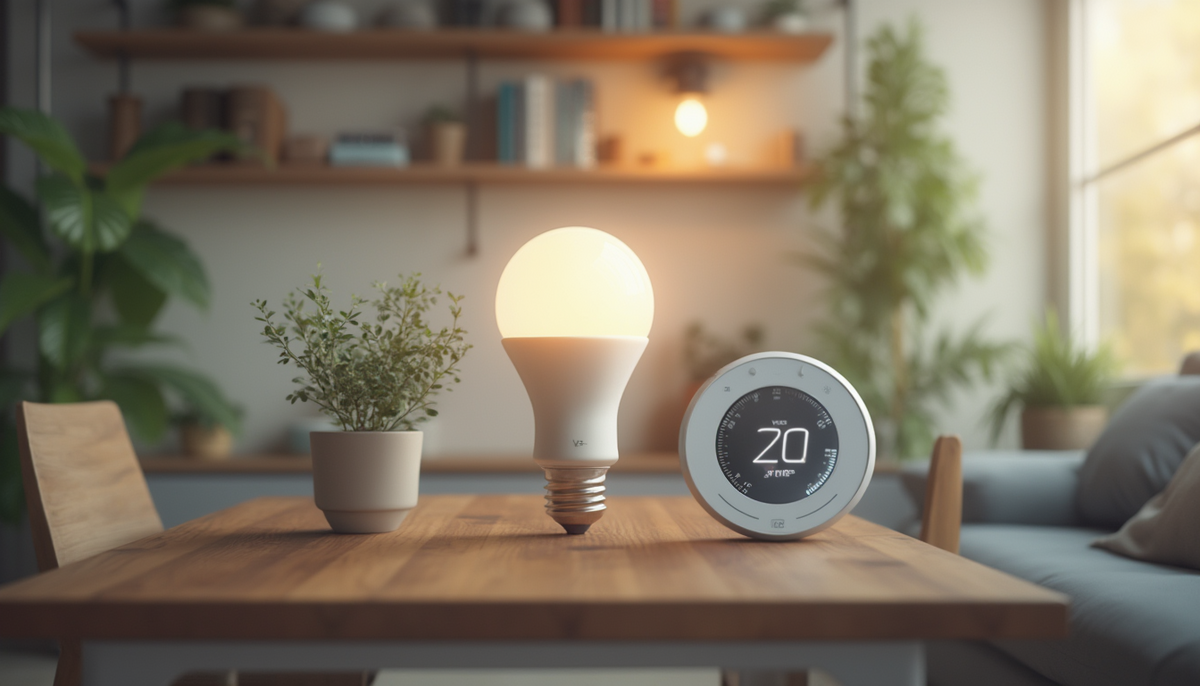 Energy-efficient LED bulb and smart thermostat in a home setting