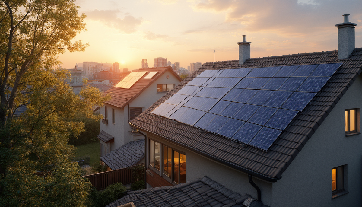 Sunset view of a residential home with rooftop solar panels