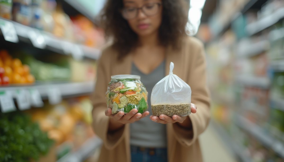 Consumer comparing biodegradable and plastic packaging