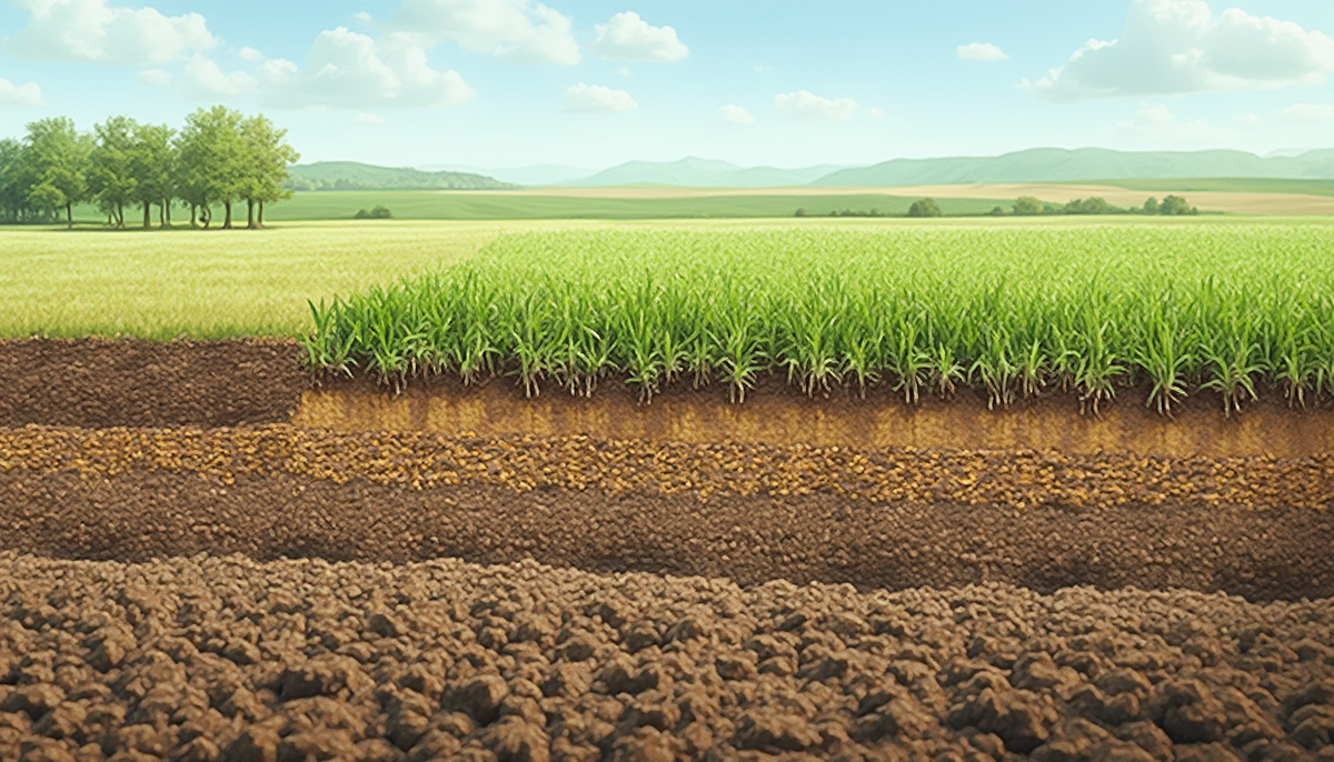 Cross-section view of a no-till farming field showing healthy soil layers