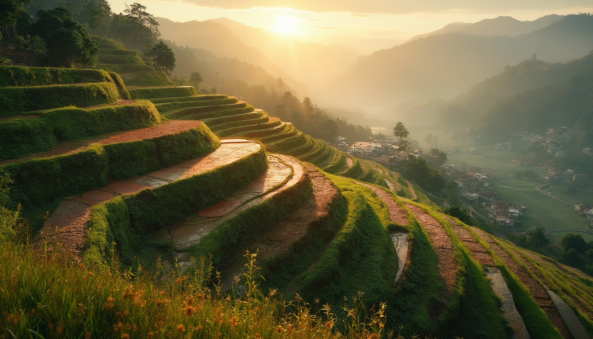 Sunrise over lush green terraced fields, demonstrating erosion control on steep slopes