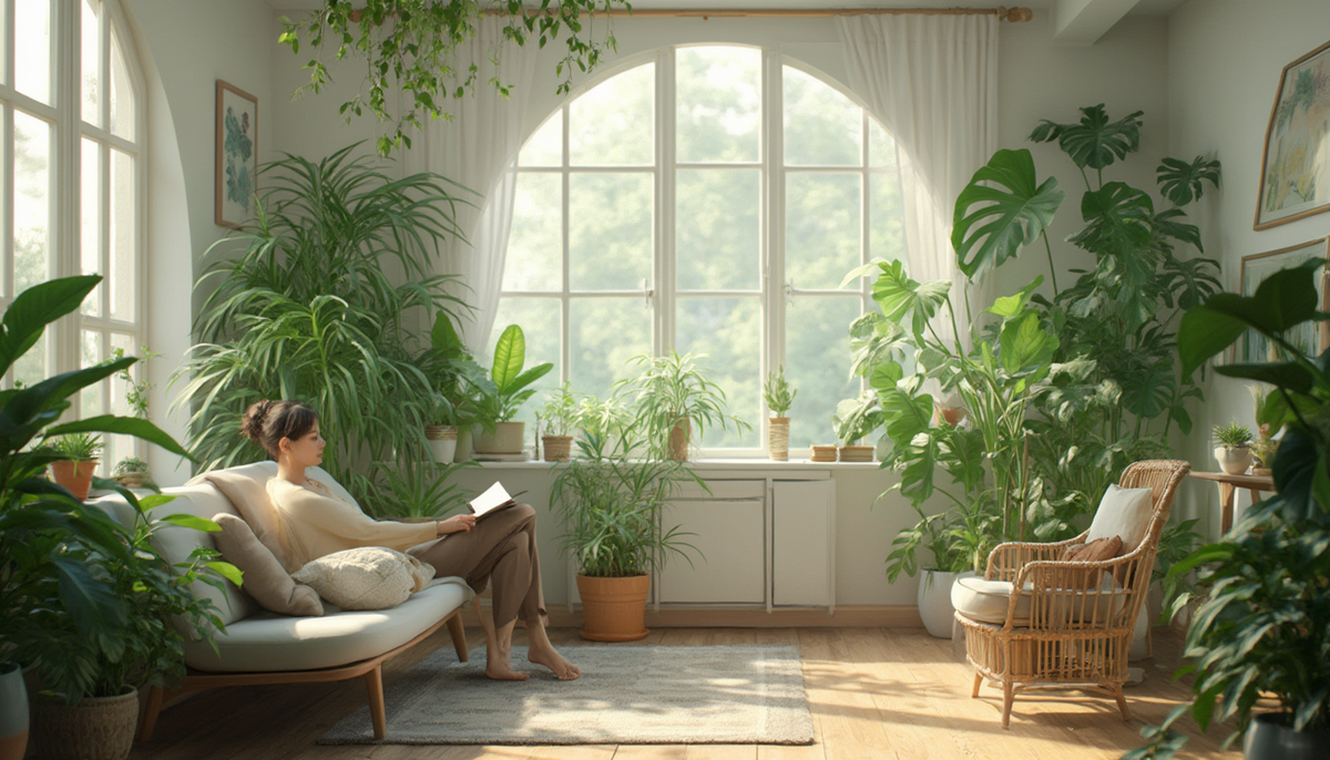 Peaceful reading corner surrounded by lush indoor plants